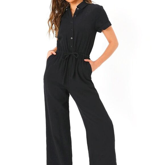 Black Button-Front Jumpsuit - Casual & Chic | Short Sleeve Utility Style - Picture 1 of 7